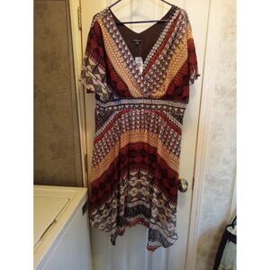 NWT CHRIS McLAUGHLIN Flowy Fit & Flare Dress 18W BROWN RED BLACK Summer Boho